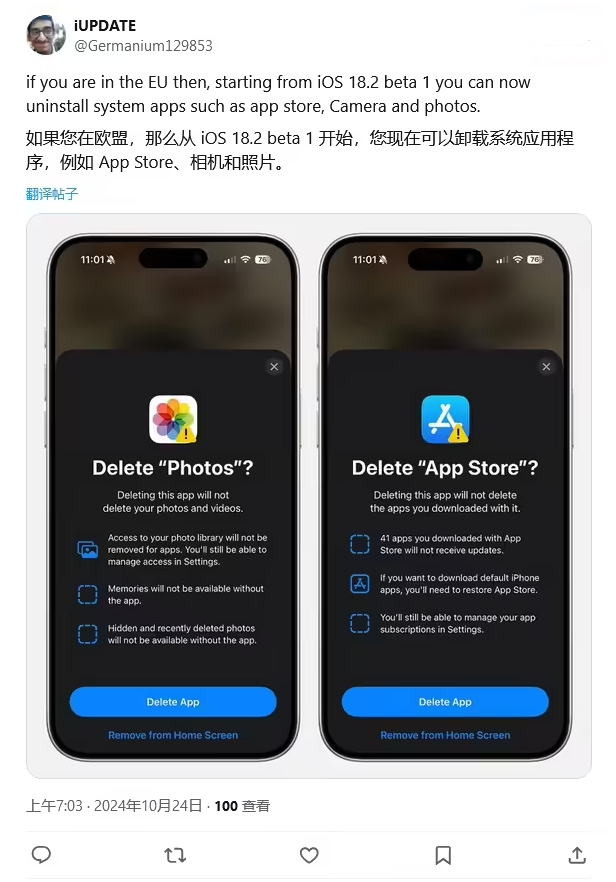 瑞安苹果手机维修分享iOS 18.2 支持删除 App Store 应用商店 