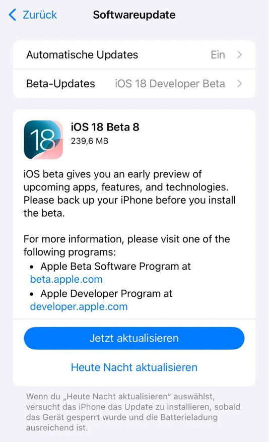 瑞安苹果手机维修分享苹果 iOS / iPadOS 18 开发者预览版 Beta 8 发布 